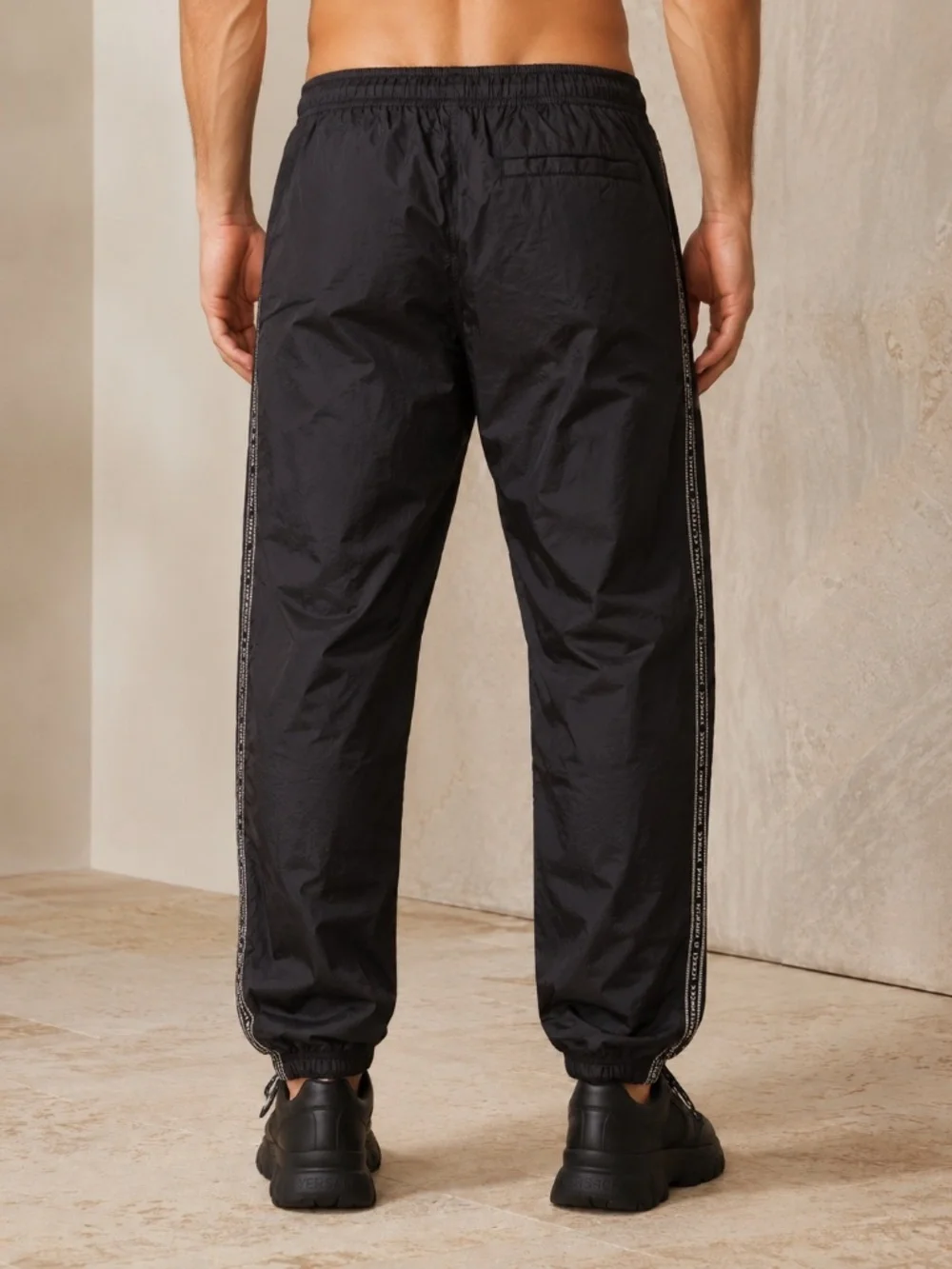Versace 2019 Black Logo Tape Track Pants A85208 Made Italy IT 54 US 38 2XL